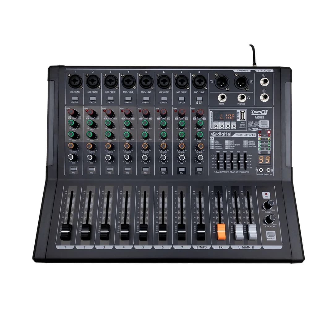 Mezclador profesional PRO DJ MD8S 8 canales con efectos, USB y Bluetooth