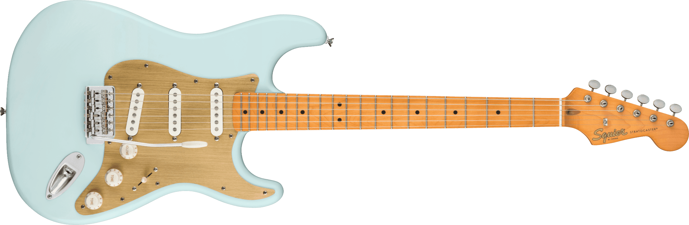 Guitarra Electrica Fender Squier 40th Anniversary Stratocaster®, Vintage Edition, diapasón de arce, golpeador anodizado dorado, azul sónico satinado0379510572