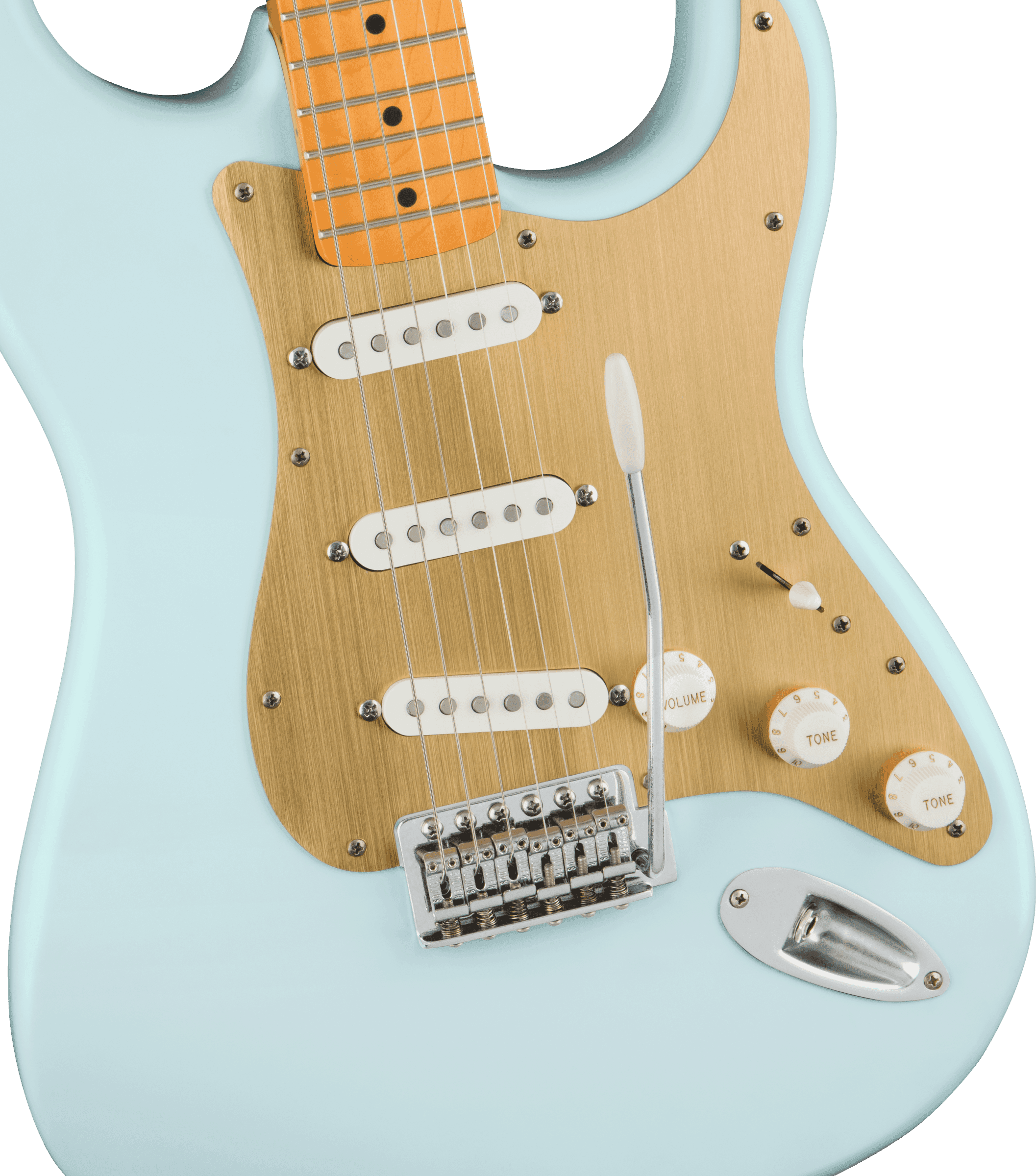 Guitarra Electrica Fender Squier 40th Anniversary Stratocaster®, Vintage Edition, diapasón de arce, golpeador anodizado dorado, azul sónico satinado0379510572 2