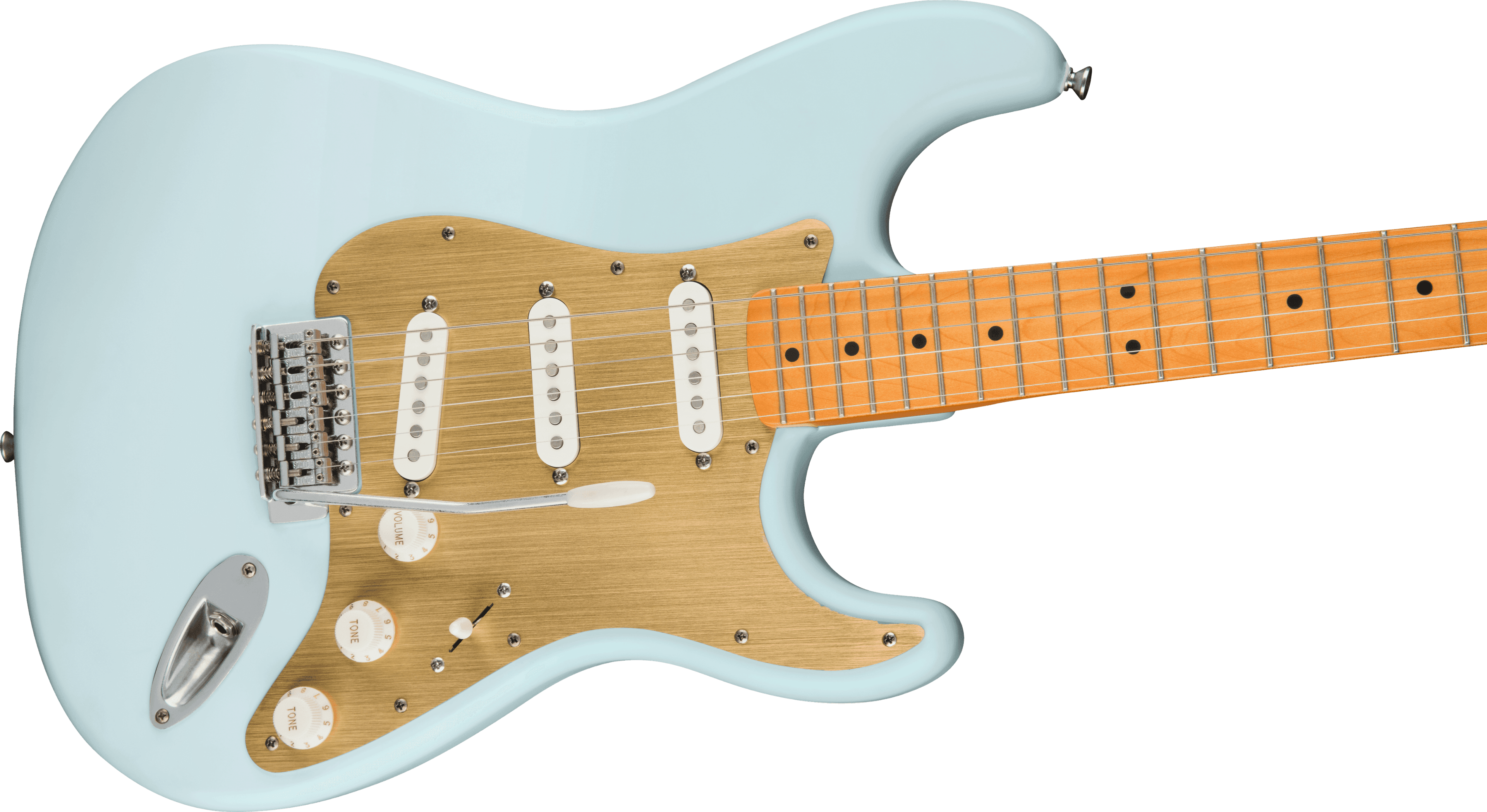 Guitarra Electrica Fender Squier 40th Anniversary Stratocaster®, Vintage Edition, diapasón de arce, golpeador anodizado dorado, azul sónico satinado0379510572 4