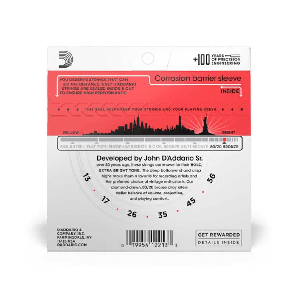 D'ADDARIO EJ12, CUERDAS PARA GUITARRA ACÚSTICA, MEDIUM 13-56, BRONZE 80/20 2
